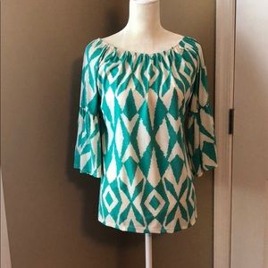Teal & White Scoop Neck Ruffle Sleeve Top, Med